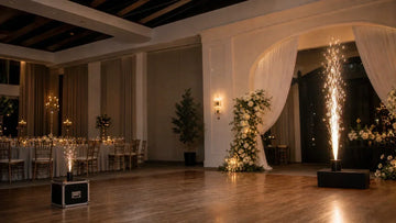Fixed cold spark units creating restrained golden effects in an elegant wedding reception