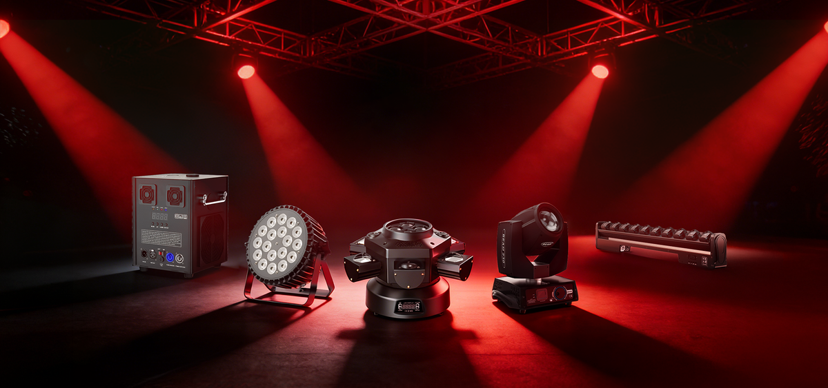 stage lighting equipment lineup under red spotlights