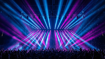 Concert stage beam lights with haze and crowd