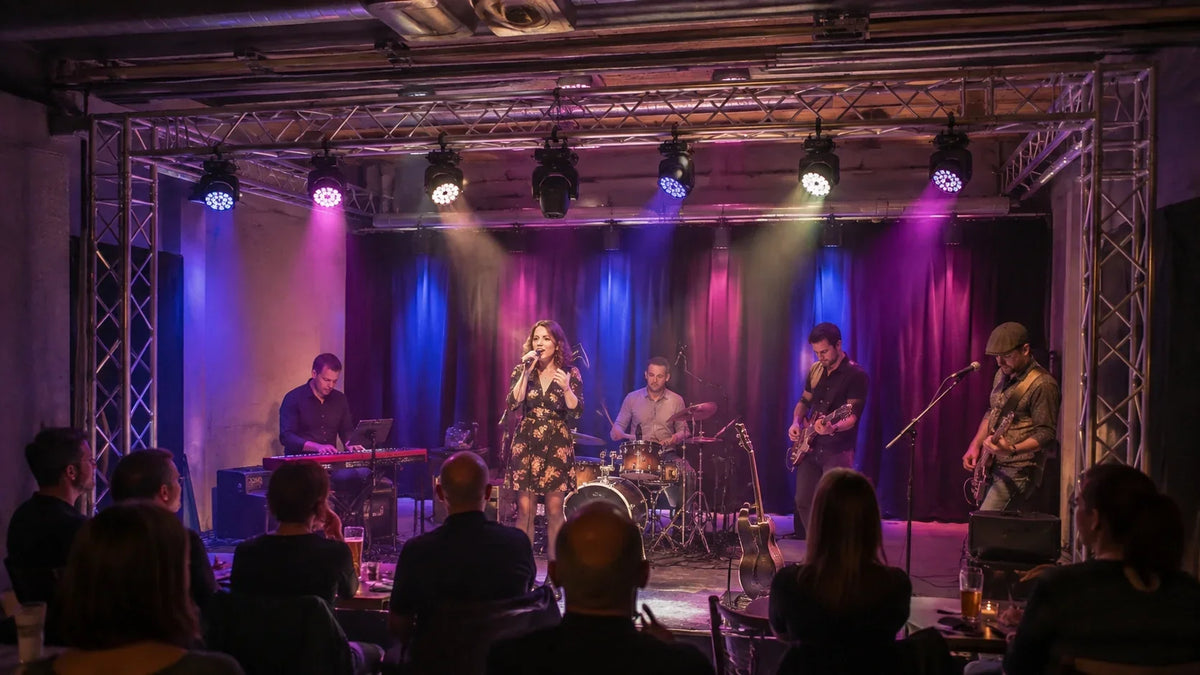 Moving head wash lights creating soft color coverage on a live band stage