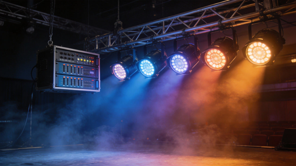 Stage PAR lights on truss with colored beams and haze