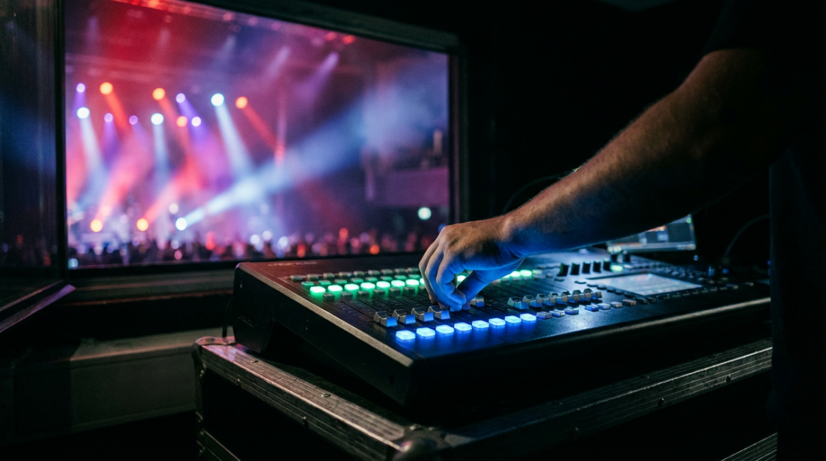 Lighting engineer operating DMX console at live concert