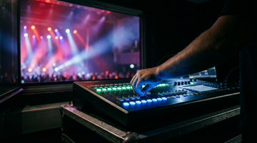 Lighting engineer operating DMX console at live concert
