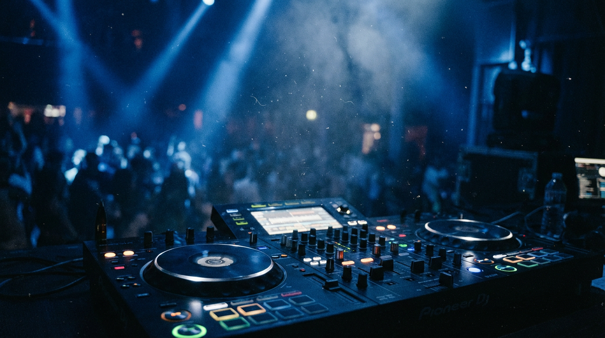 DJ controller at nightclub with stage lighting and crowd