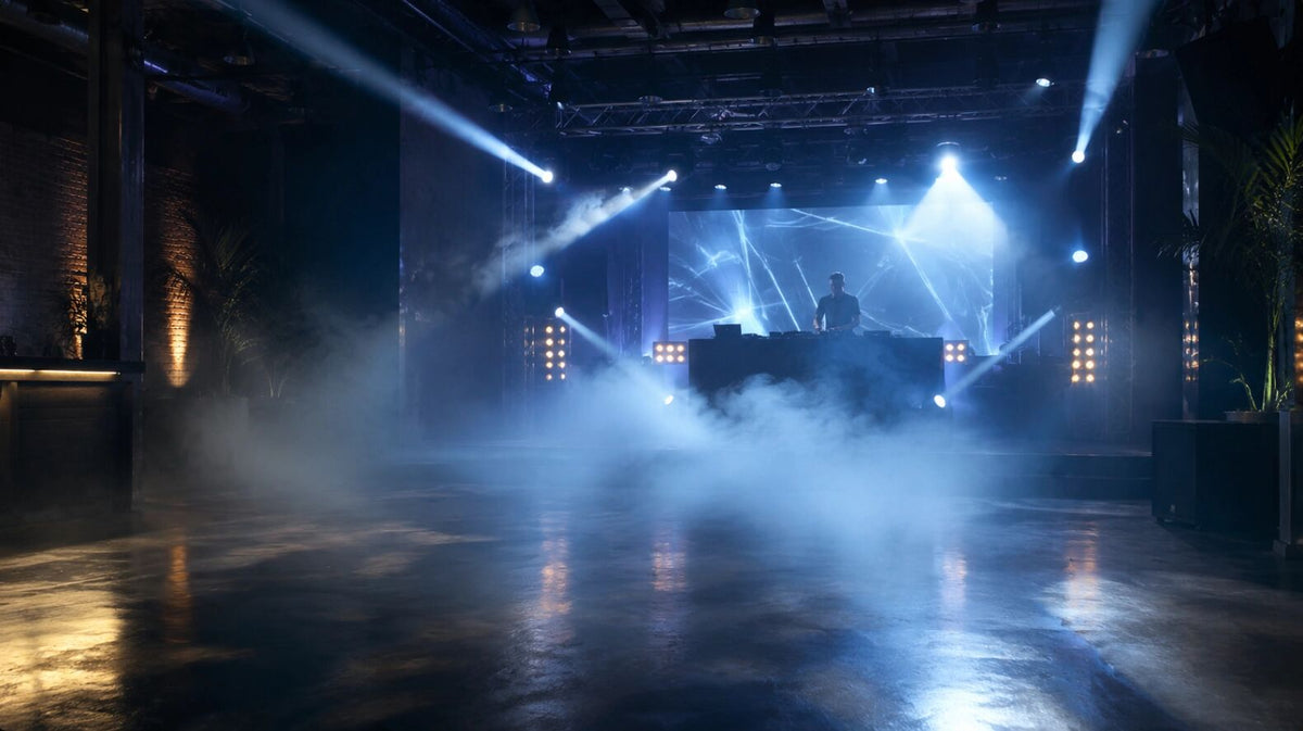 DJ performing on a fog-filled stage with blue spotlights