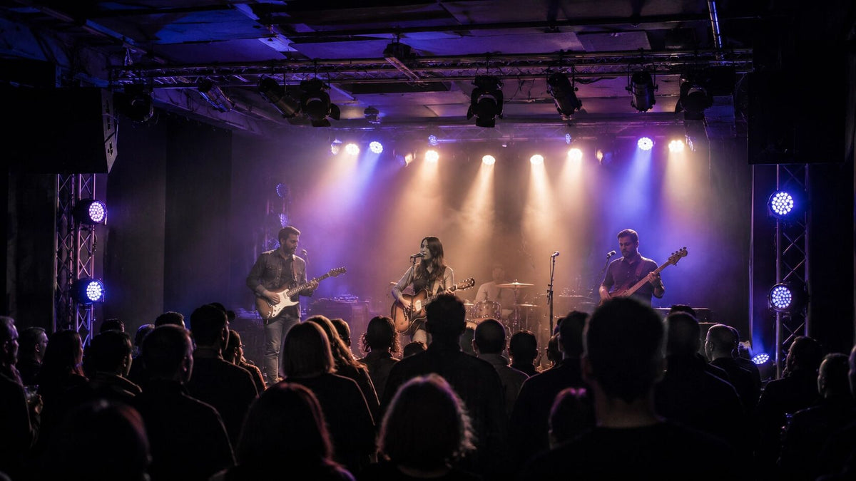 Live band performing under colorful LED stage lights