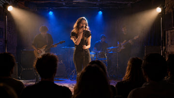 Singer at a microphone lit by two warm white spotlights on stands at each side of a small club, band behind her in blue light
