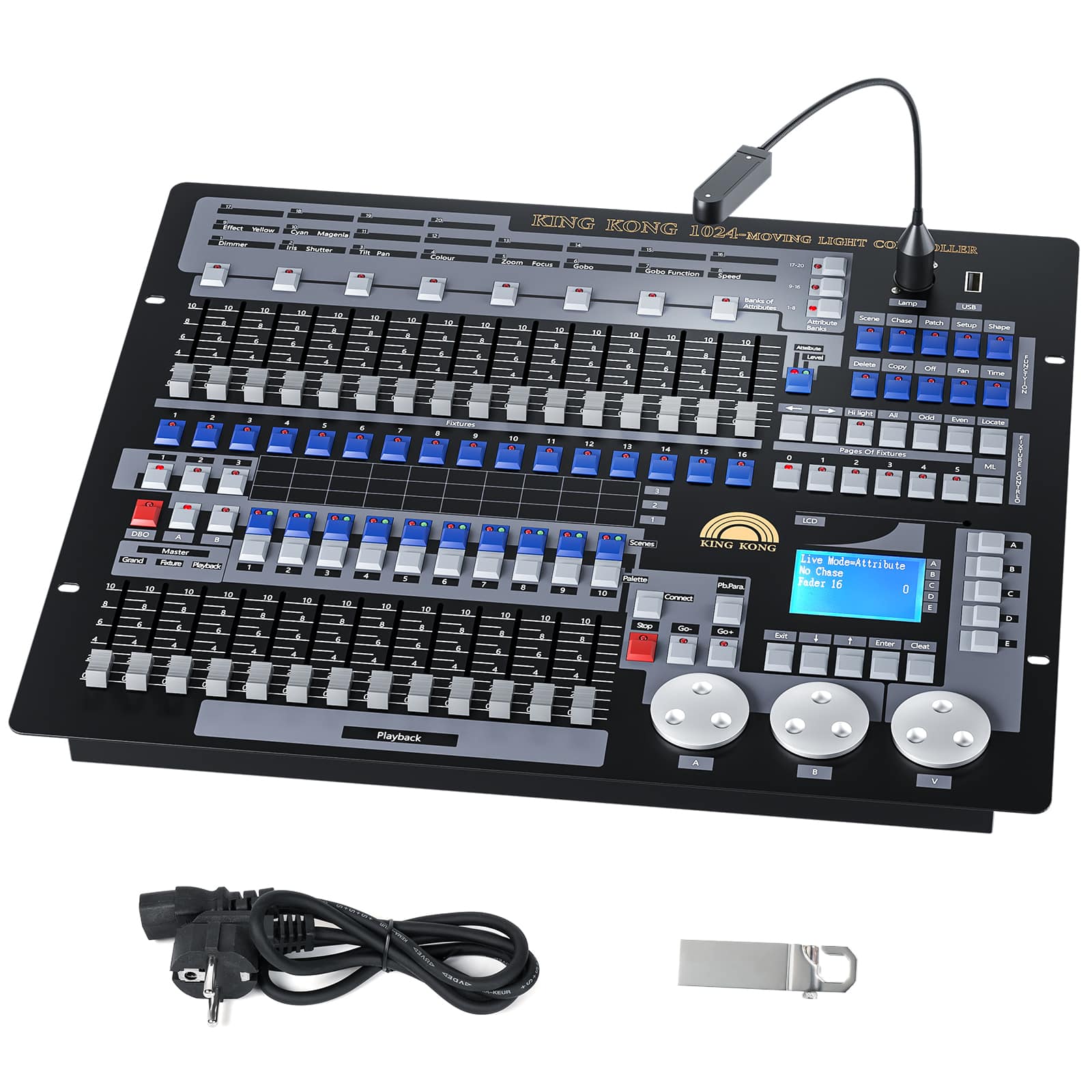 UKING 1024 DMX lighting controller, black, with faders, blue/gray buttons, digital screen, and accessories.