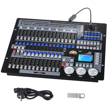 UKING 1024 DMX lighting controller, black, with faders, blue/gray buttons, digital screen, and accessories.