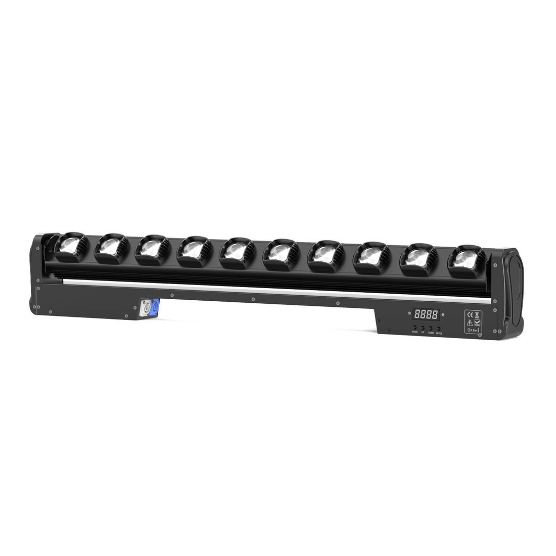 Black UKING ZQ06079 Moving Beam stage light with 10 RGBW lenses and digital DMX control panel. Durable aluminum casing.