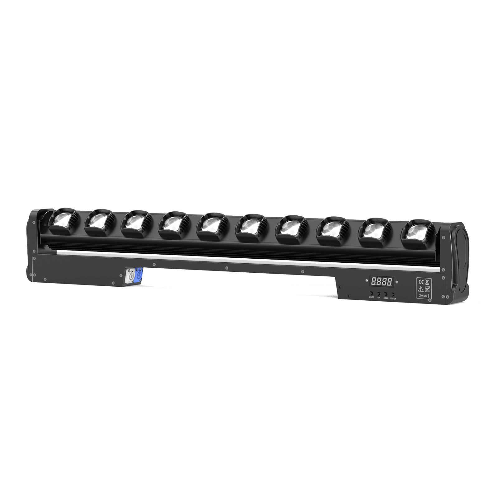 Black UKING ZQ06079 Moving Beam stage light with 10 RGBW lenses and digital DMX control panel. Durable aluminum casing.