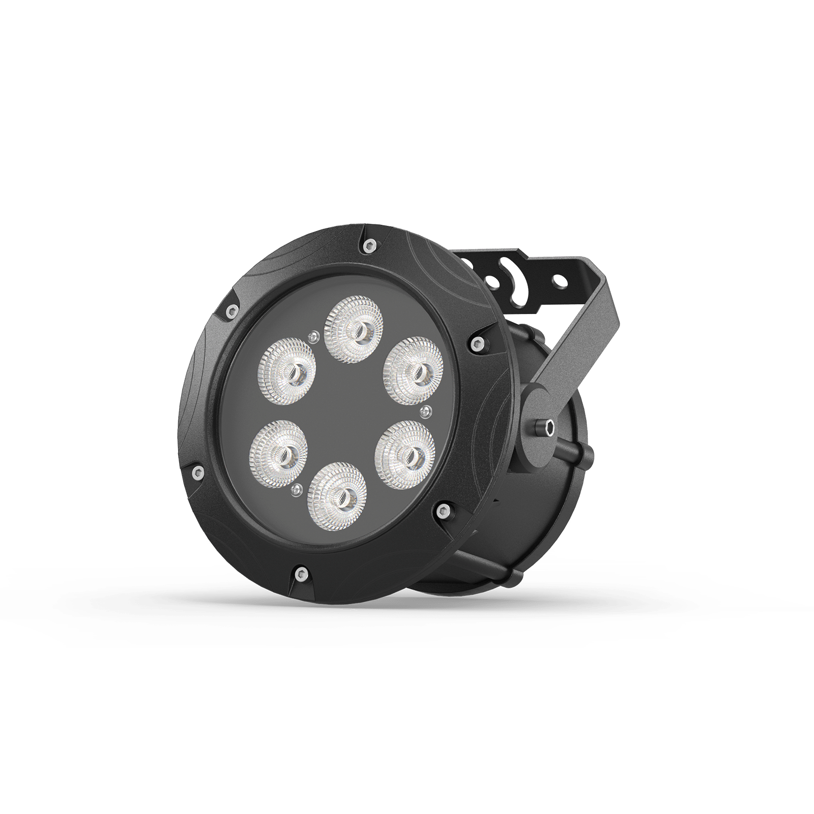 UKING ZQ01011 waterproof par light with 6x10W RGBW LEDs, black cast aluminum shell, and integrated mounting bracket.