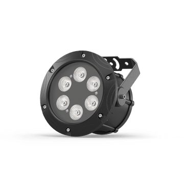 UKING ZQ01011 waterproof par light with 6x10W RGBW LEDs, black cast aluminum shell, and integrated mounting bracket.