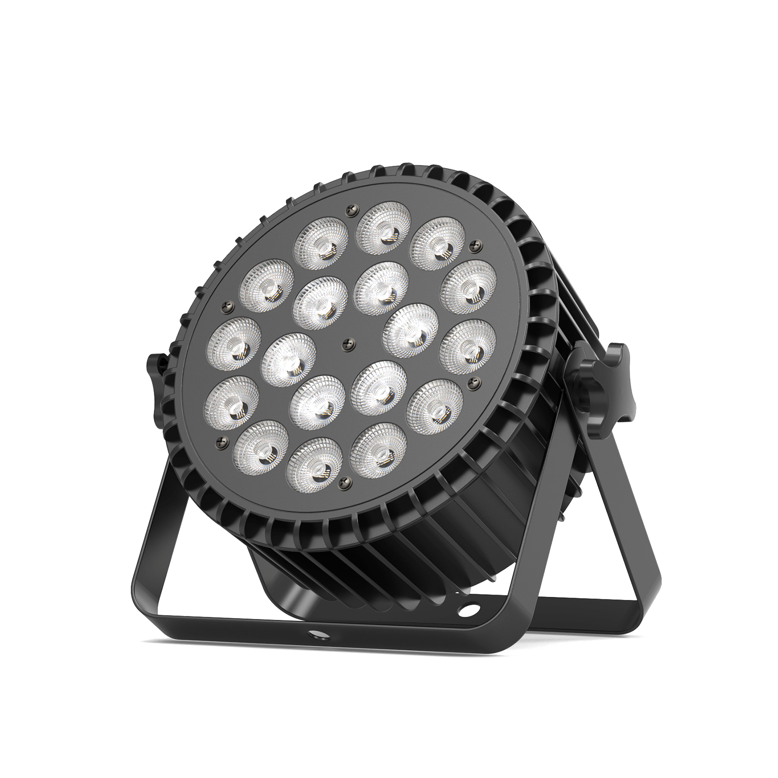 UKING ZQ01061 DMX PAR Light: black cast aluminum, 18 RGBW LEDs, and adjustable mounting bracket for stage lighting.