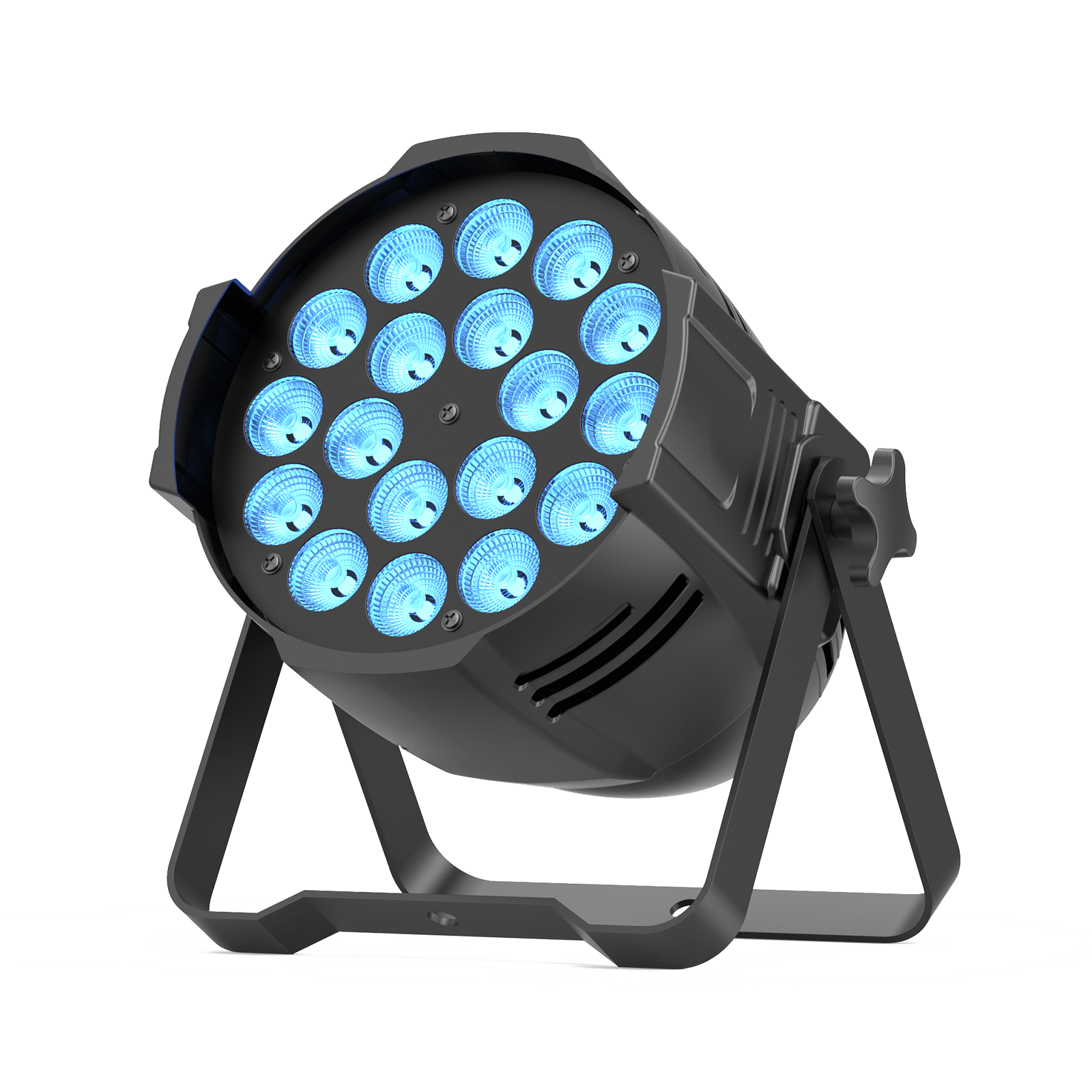 UKING ZQ01069 PAR light, black aluminum alloy with 18 bright blue LEDs and adjustable bracket for versatile stage lighting.