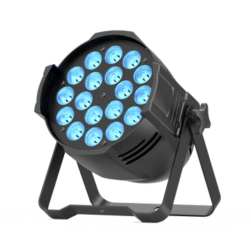 UKING ZQ01069 PAR light, black aluminum alloy with 18 bright blue LEDs and adjustable bracket for versatile stage lighting.