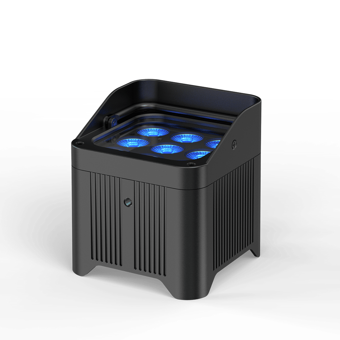 UKING ZQ01241 black waterproof mobile par light with durable aluminum housing and 9 glowing blue RGBWA+UV LEDs.