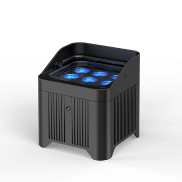 UKING ZQ01241 black waterproof mobile par light with durable aluminum housing and 9 glowing blue RGBWA+UV LEDs.