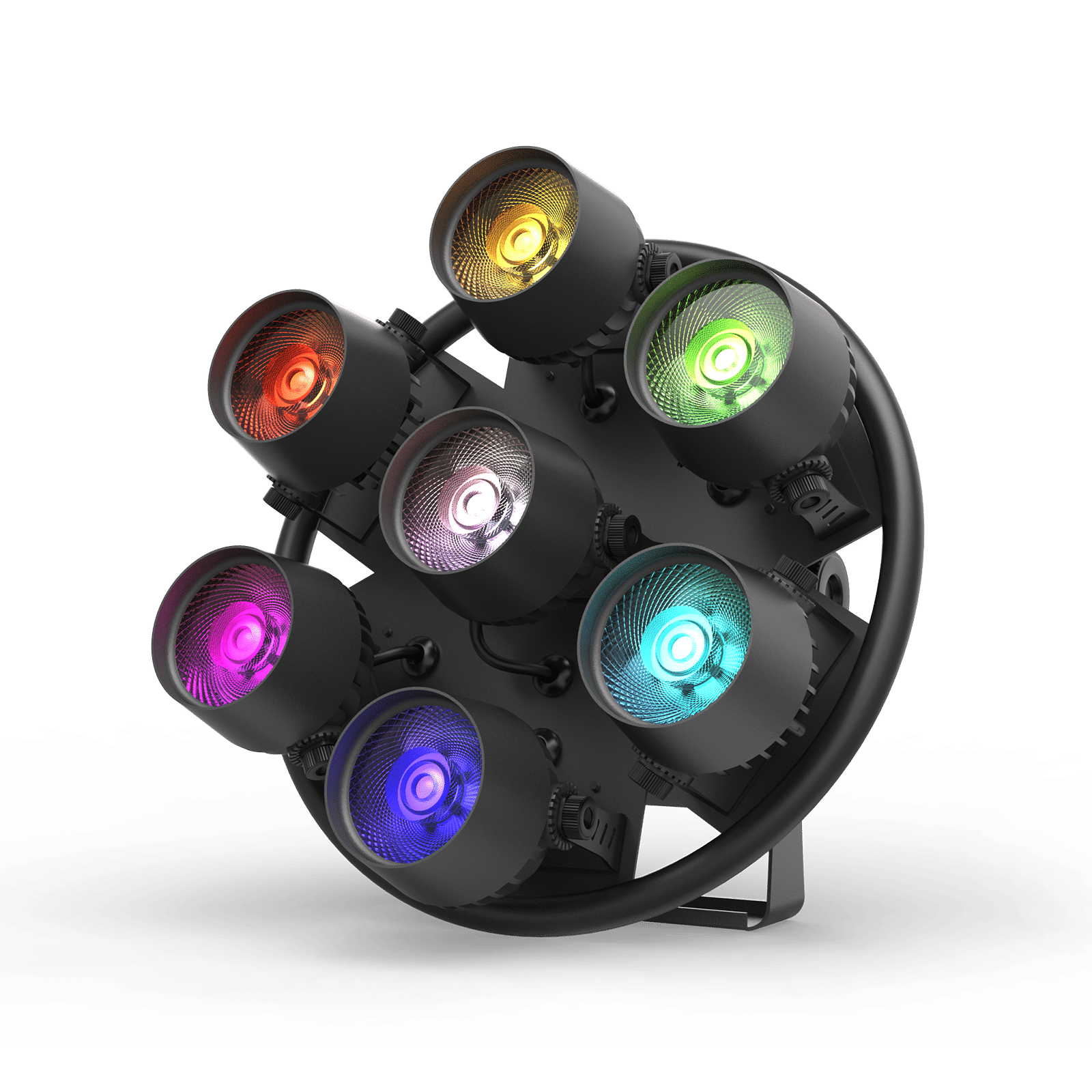 UKING ZQ01243 Retro Stage Light: black aluminum with 7 vibrant RGB COB LEDs for dynamic event lighting.