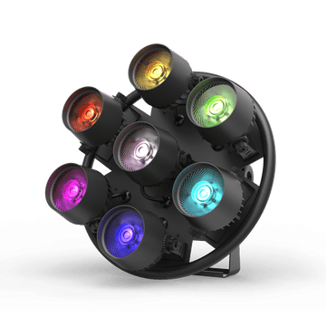 UKING ZQ01243 Retro Stage Light: black aluminum with 7 vibrant RGB COB LEDs for dynamic event lighting.
