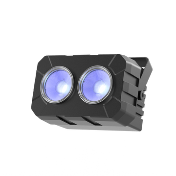 UKING ZQ01322 PAR light with dual blue-emitting COB LEDs, featuring a durable black shell for stage lighting.