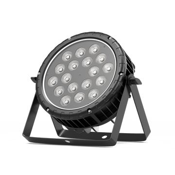 UKING ZQ01417 black waterproof PAR light featuring 18 bright RGBW LEDs and a durable stand for outdoor stage lighting.
