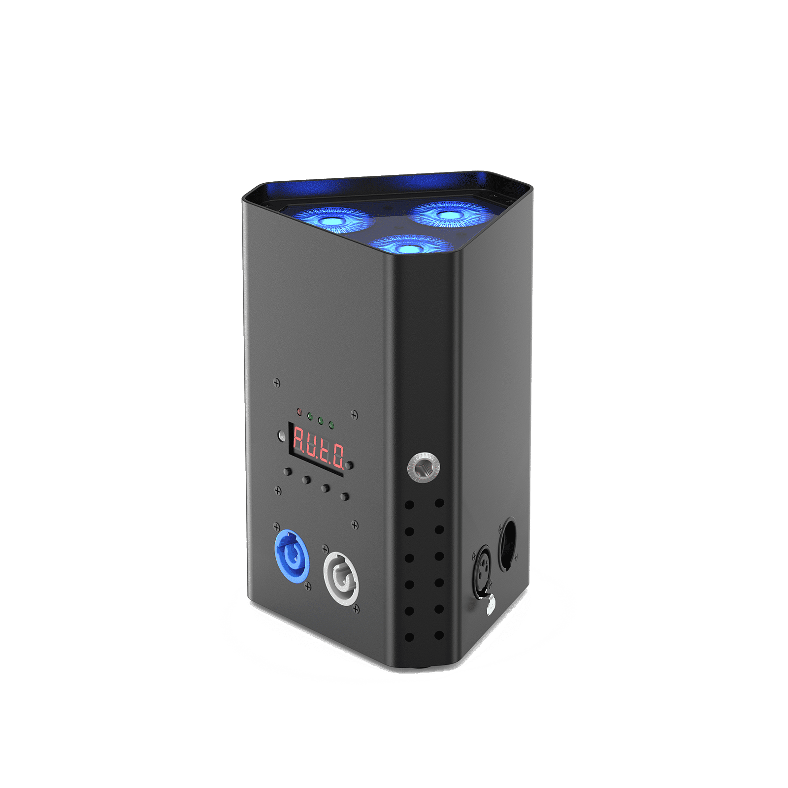 Black UKING ZQ01429 MOBILEPWR PAR light with triangular design, bright blue 6in1 LEDs, illuminated display, and DMX ports.