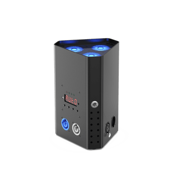 Black UKING ZQ01429 MOBILEPWR PAR light with triangular design, bright blue 6in1 LEDs, illuminated display, and DMX ports.
