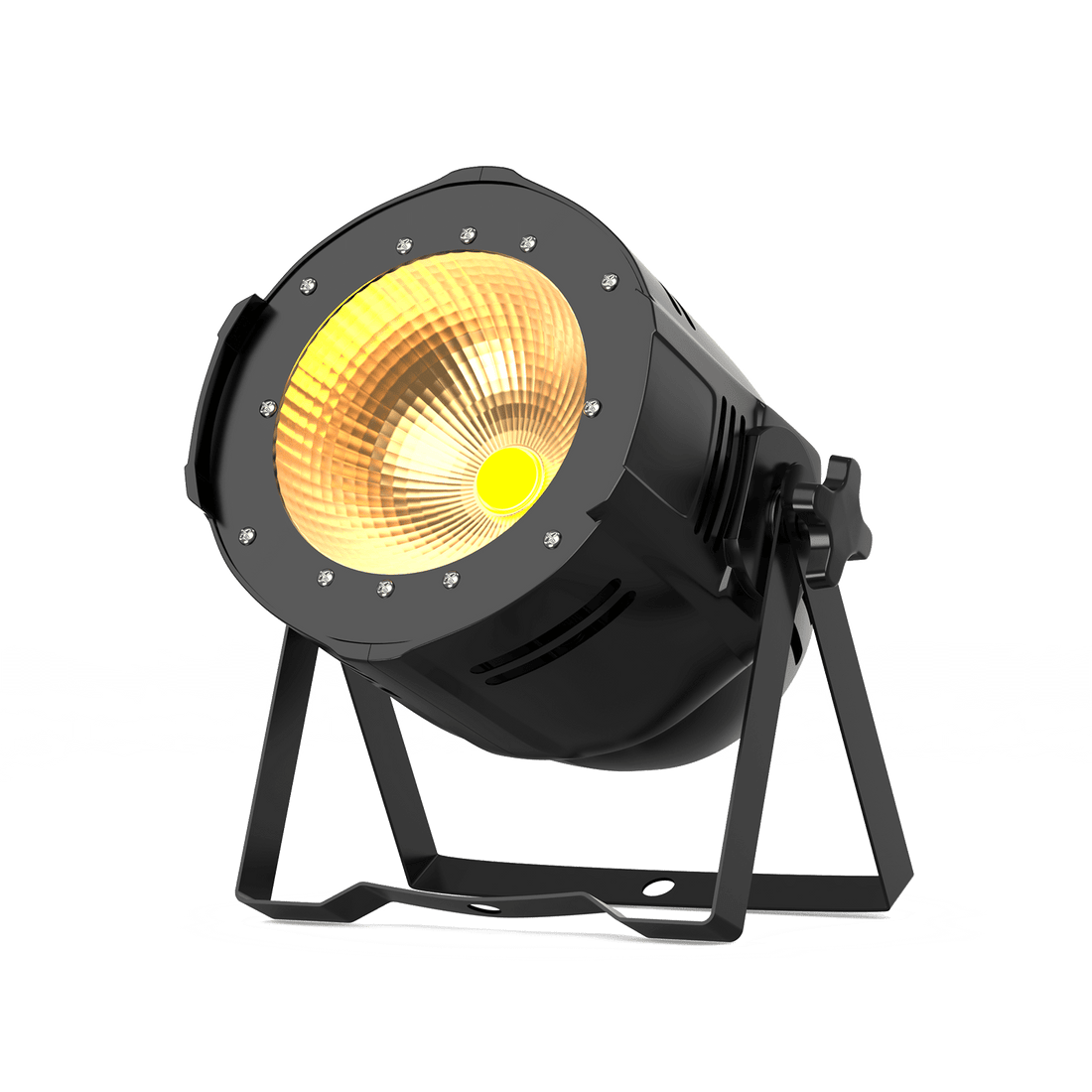 UKING ZQ01513 PAR light, black cast aluminum with a bright yellow COB LED and adjustable bracket for stage & event lighting.