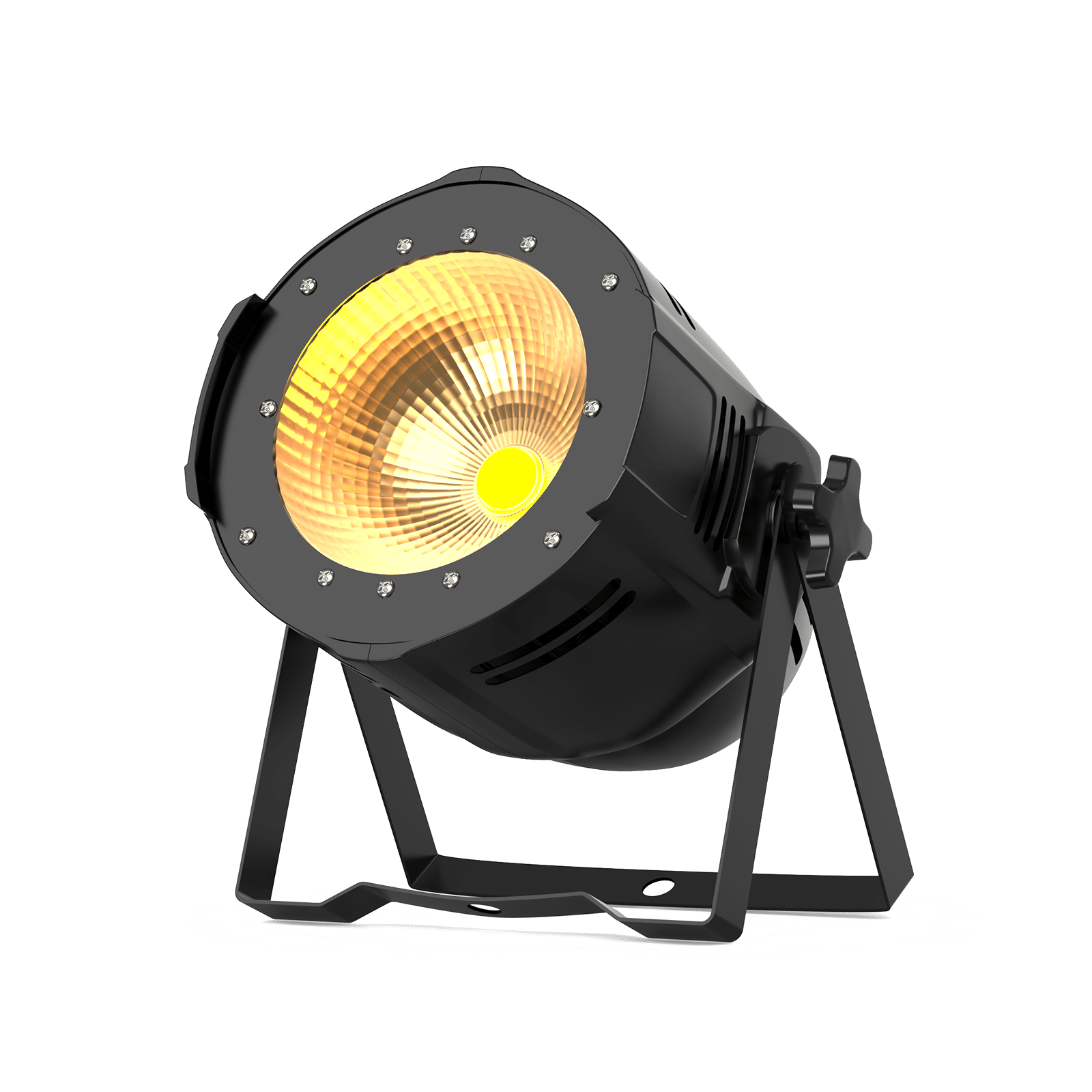 UKING ZQ01513 PAR light, black cast aluminum with a bright yellow COB LED and adjustable bracket for stage & event lighting.