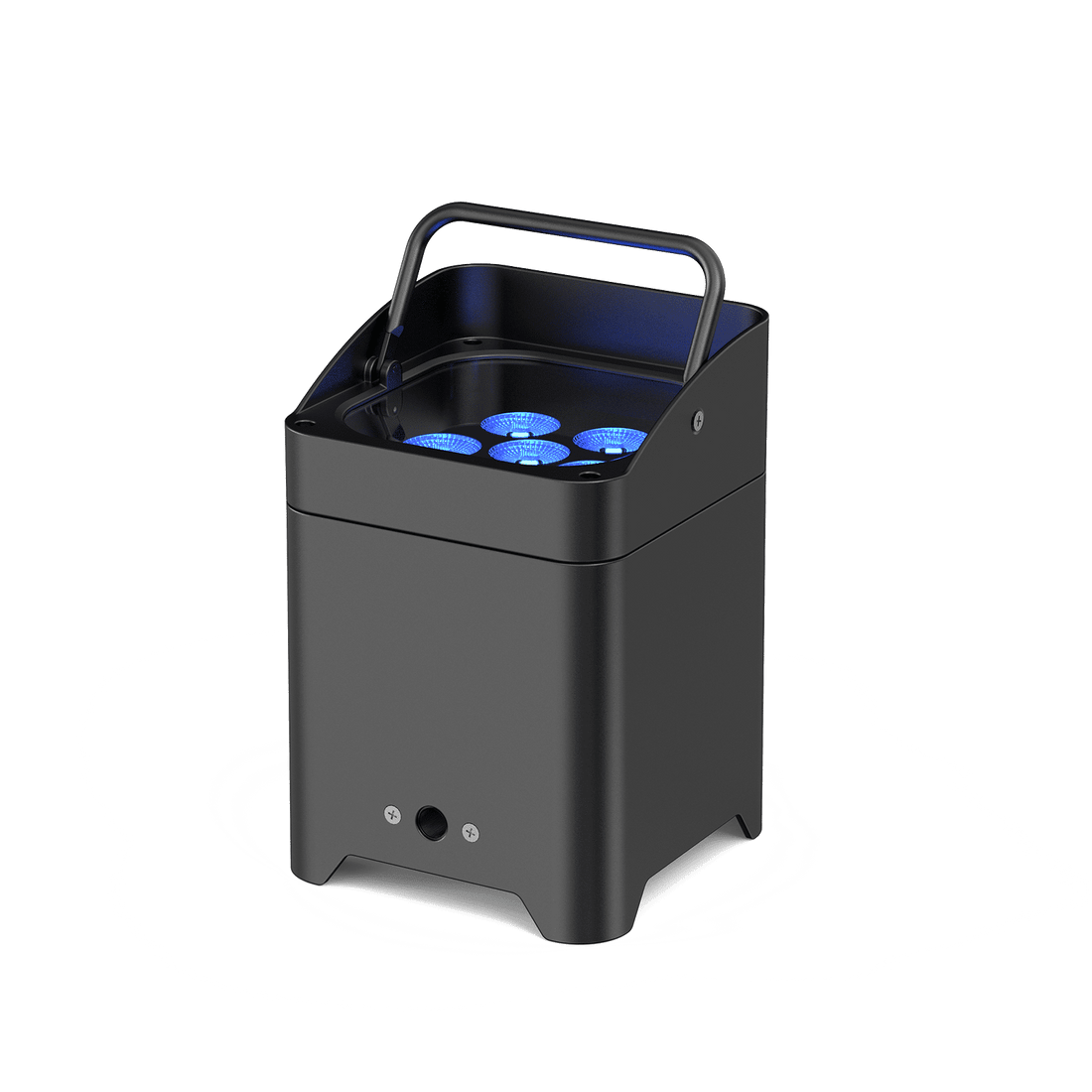 Portable UKING ZQ01528 MOBILEPWR™ PAR LIGHT, black cast aluminum, featuring 6 RGBWA+UV LED bulbs and a carrying handle for easy transport.