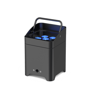 Portable UKING ZQ01528 MOBILEPWR™ PAR LIGHT, black cast aluminum, featuring 6 RGBWA+UV LED bulbs and a carrying handle for easy transport.