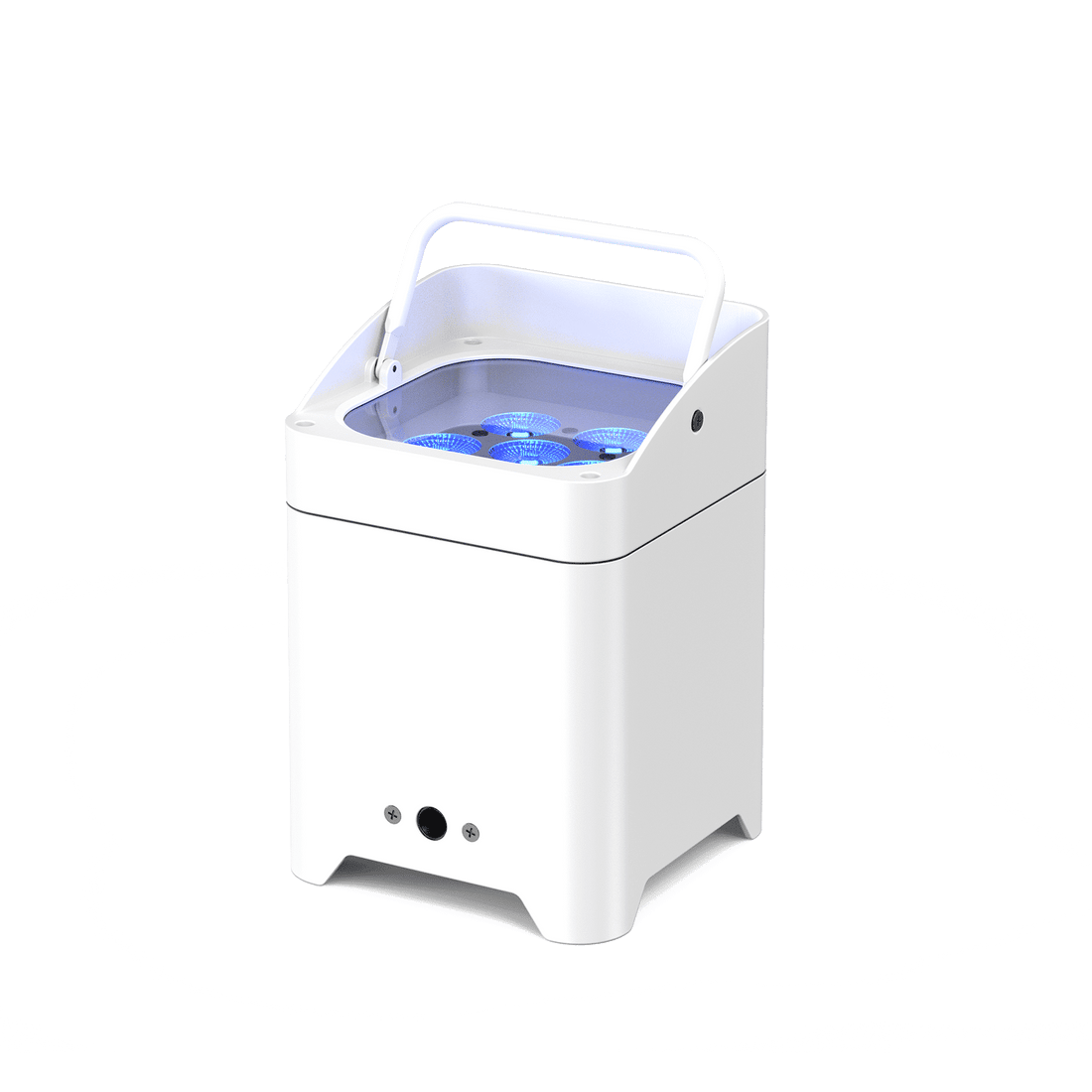 Portable UKING ZQ01528 MOBILEPWR™ PAR LIGHT, black cast aluminum, featuring 6 RGBWA+UV LED bulbs and a carrying handle for easy transport.