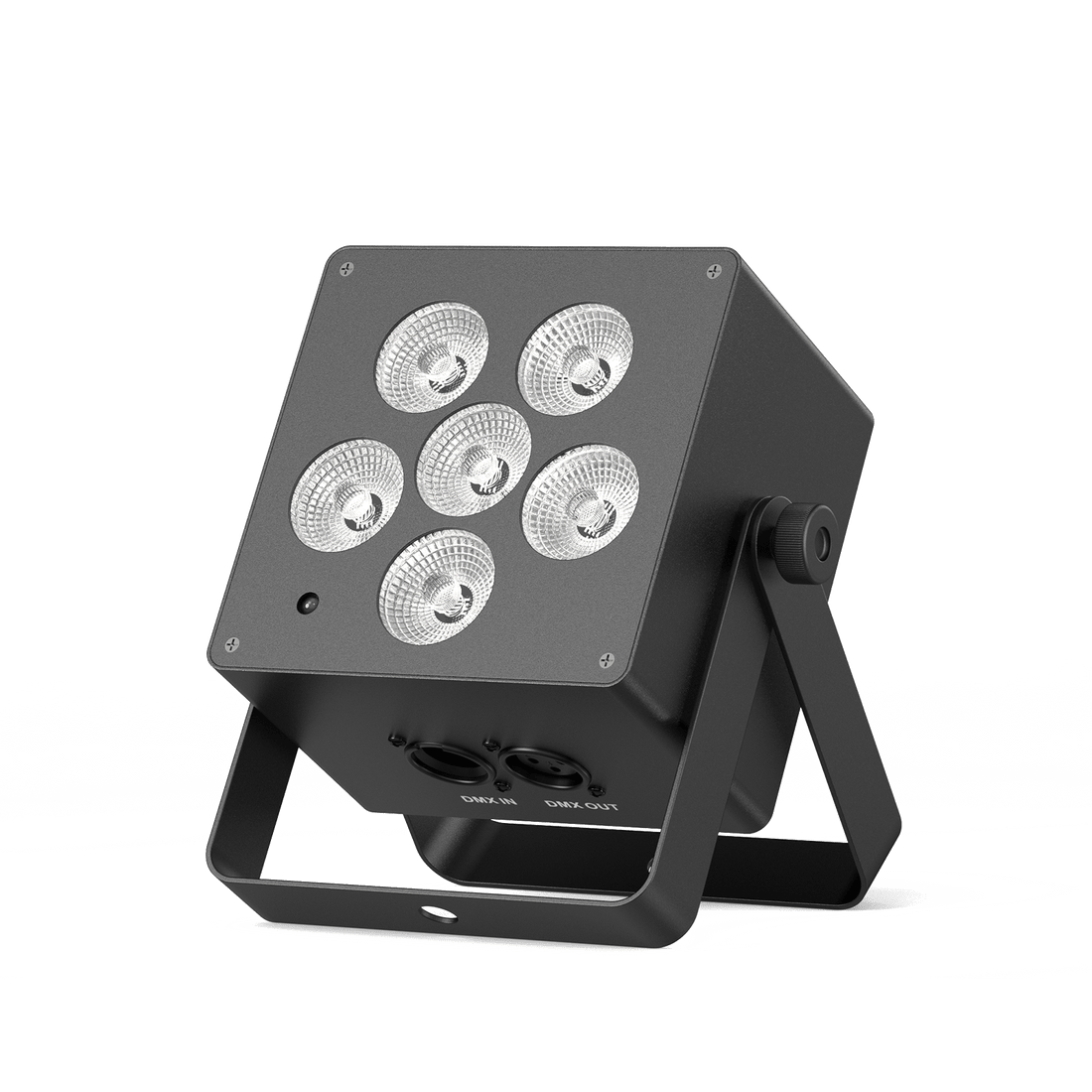 UKING ZQ01633 Mobile Par Light. Black, compact stage light with 6 RGBWAUV LEDs, DMX IN/OUT ports, and adjustable bracket.