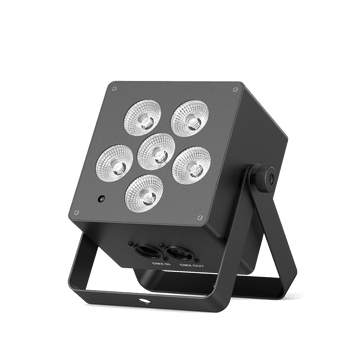 UKING ZQ01633 Mobile Par Light. Black, compact stage light with 6 RGBWAUV LEDs, DMX IN/OUT ports, and adjustable bracket.