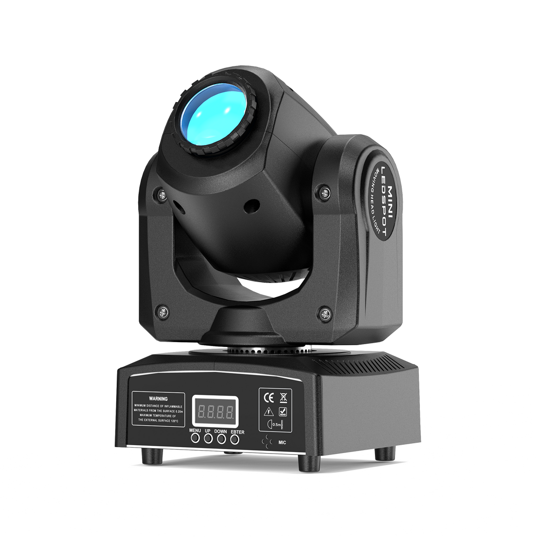 UKING ZQ02001 Mini LED Moving Head Light. Black, compact stage/DJ spotlight with bright blue lens & control panel.