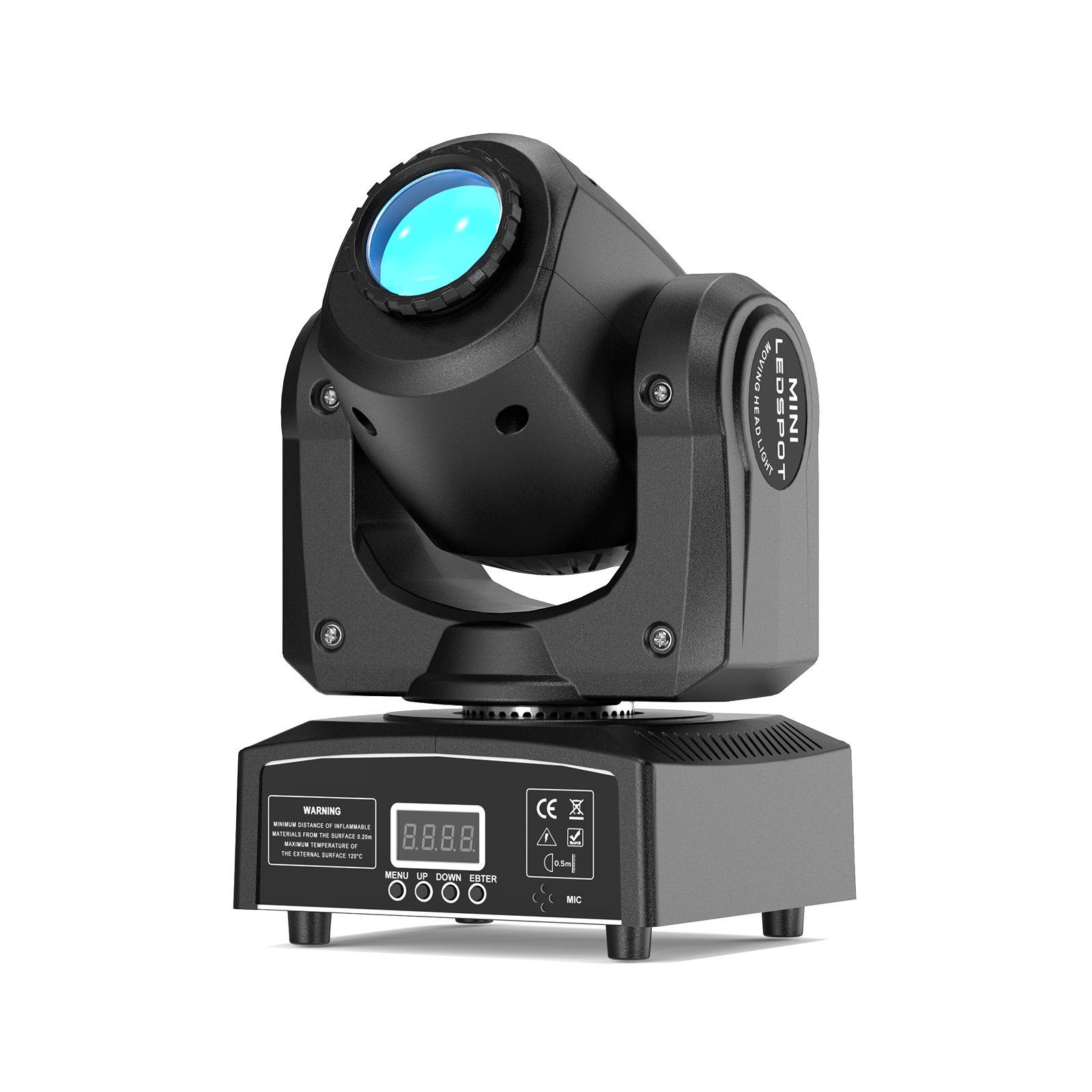 UKING ZQ02001 Mini LED Moving Head Light. Black, compact stage/DJ spotlight with bright blue lens & control panel.