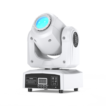 UKING ZQ02001 white mini moving head LED stage light with control panel.