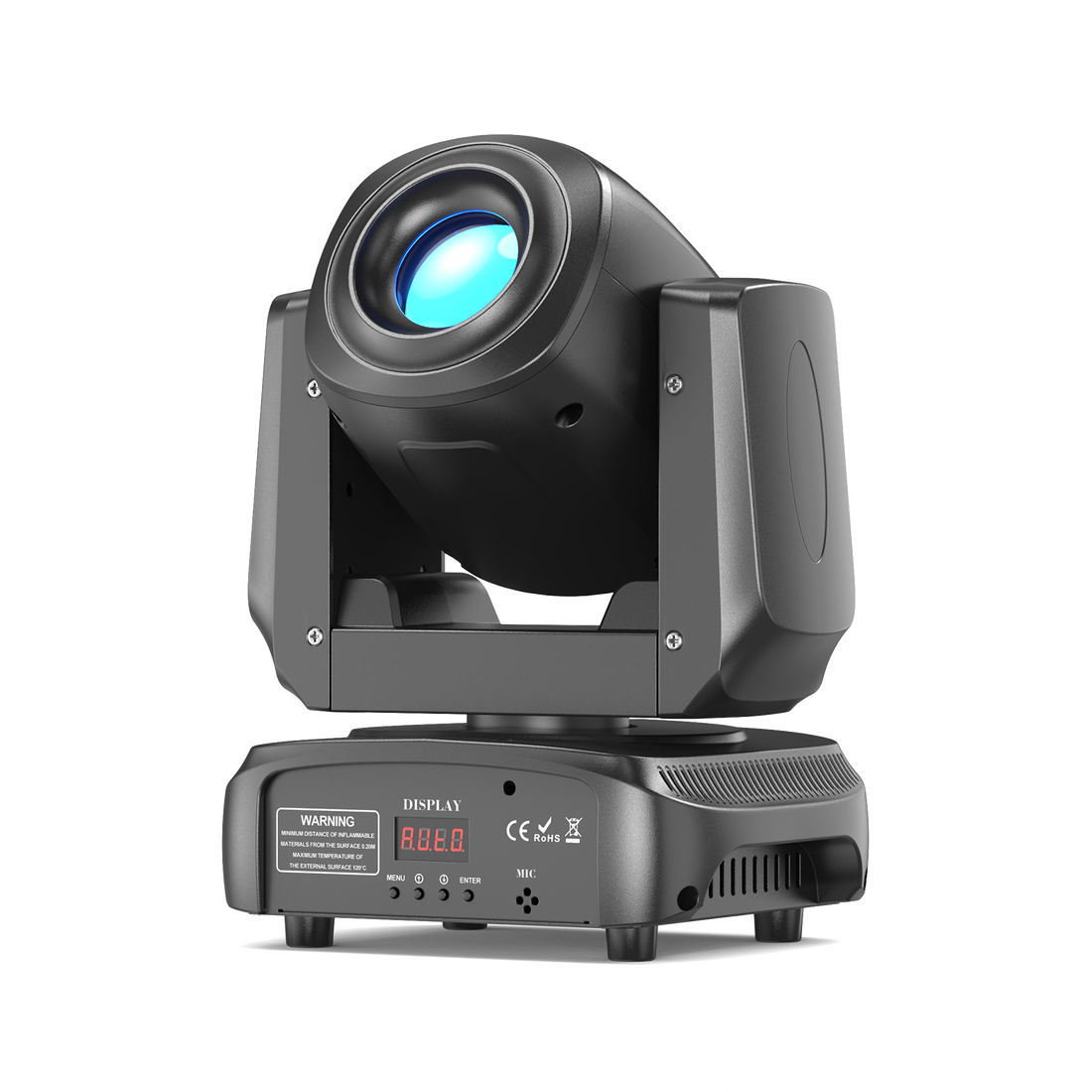 UKING ZQ02011 85W Moving Head Light in black, compact design with blue lens. Ideal for stage, DJ, and event lighting.