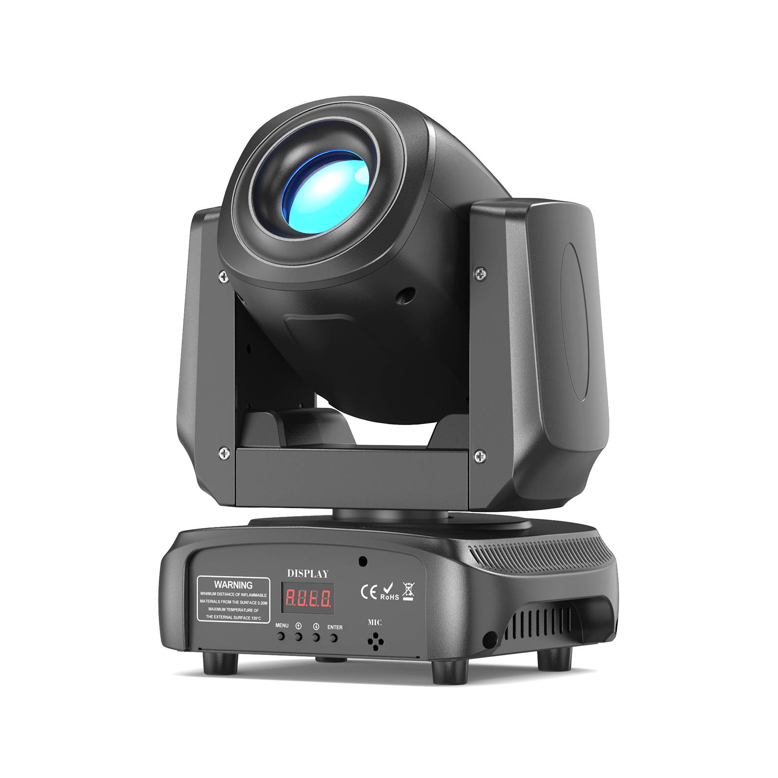 UKING ZQ02011 85W Moving Head Light in black, compact design with blue lens. Ideal for stage, DJ, and event lighting.