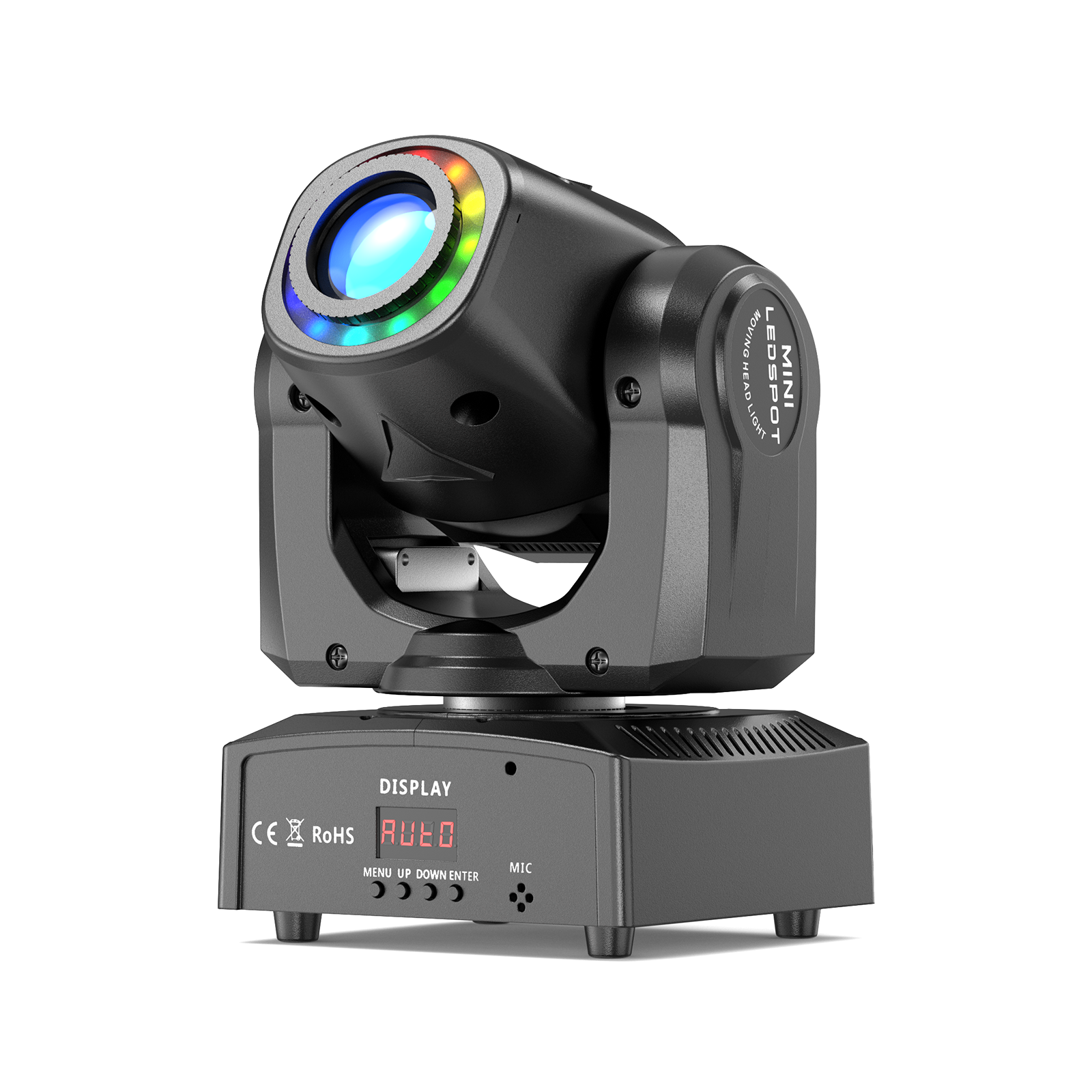 Black UKING ZQ02015 DMX Moving Head LED Stage Light with colorful RGB lens and control display, ideal for events.