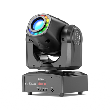 Black UKING ZQ02015 DMX Moving Head LED Stage Light with colorful RGB lens and control display, ideal for events.
