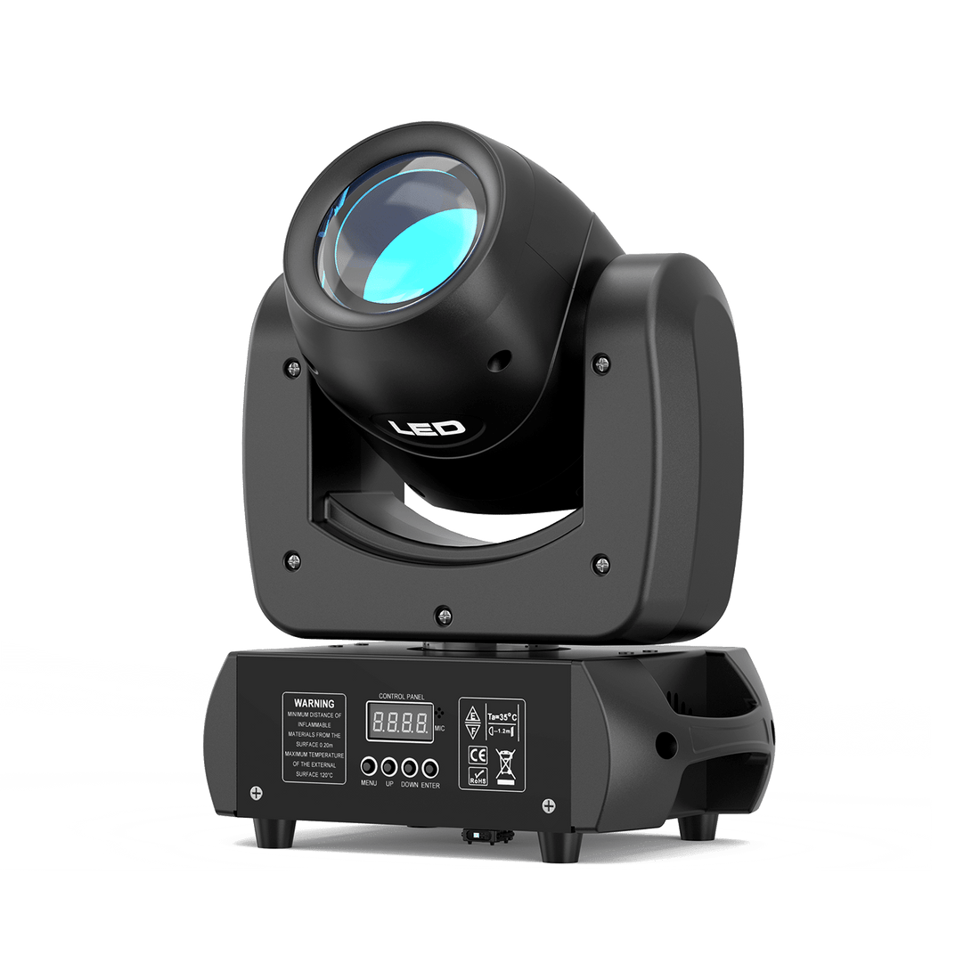 Sleek black UKING ZQ02021 BEAM PRO moving head stage light with prominent blue LED lens and digital control panel.