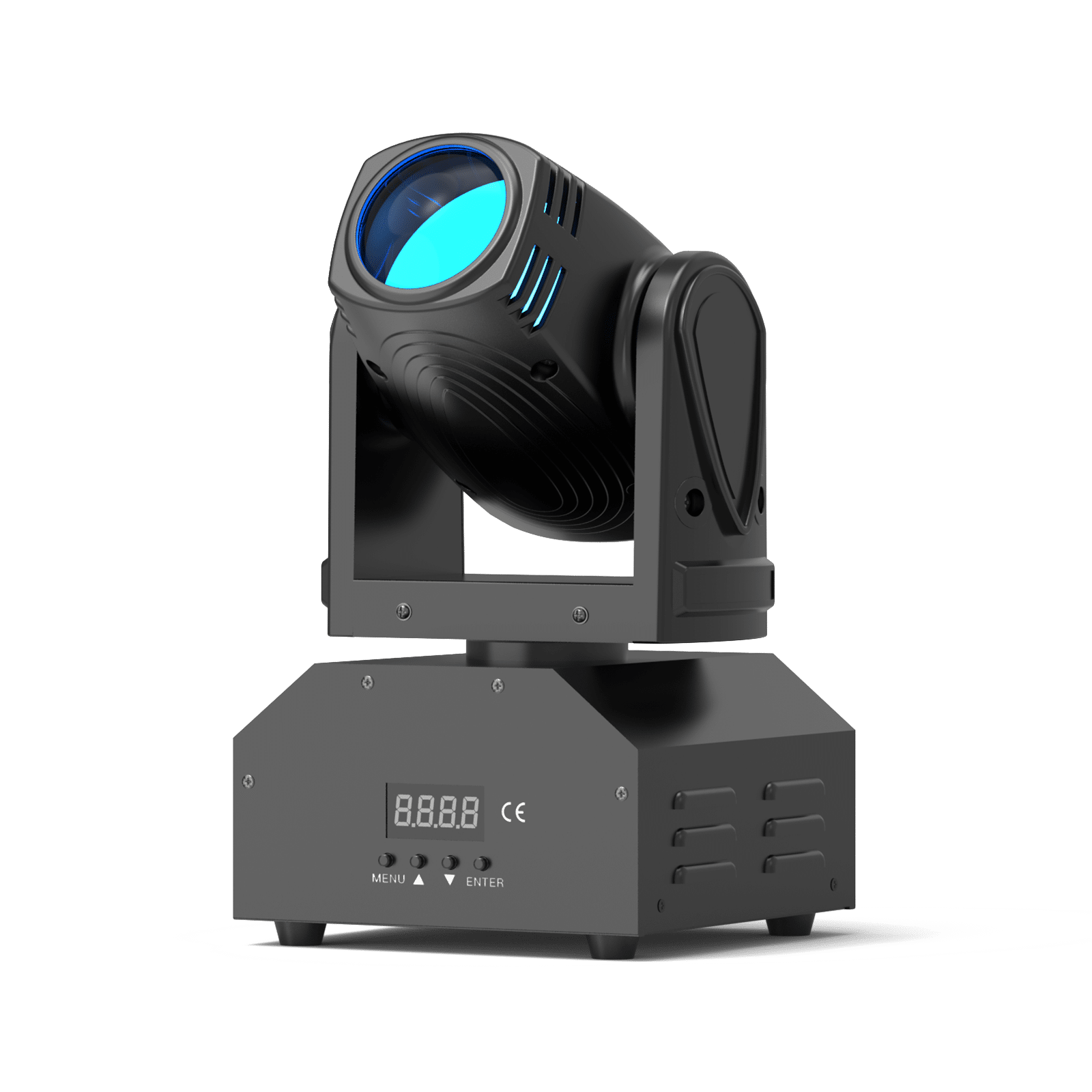 Black UKING ZQ02040 moving head stage light with prominent blue LED lens, digital display, and modern, compact design.
