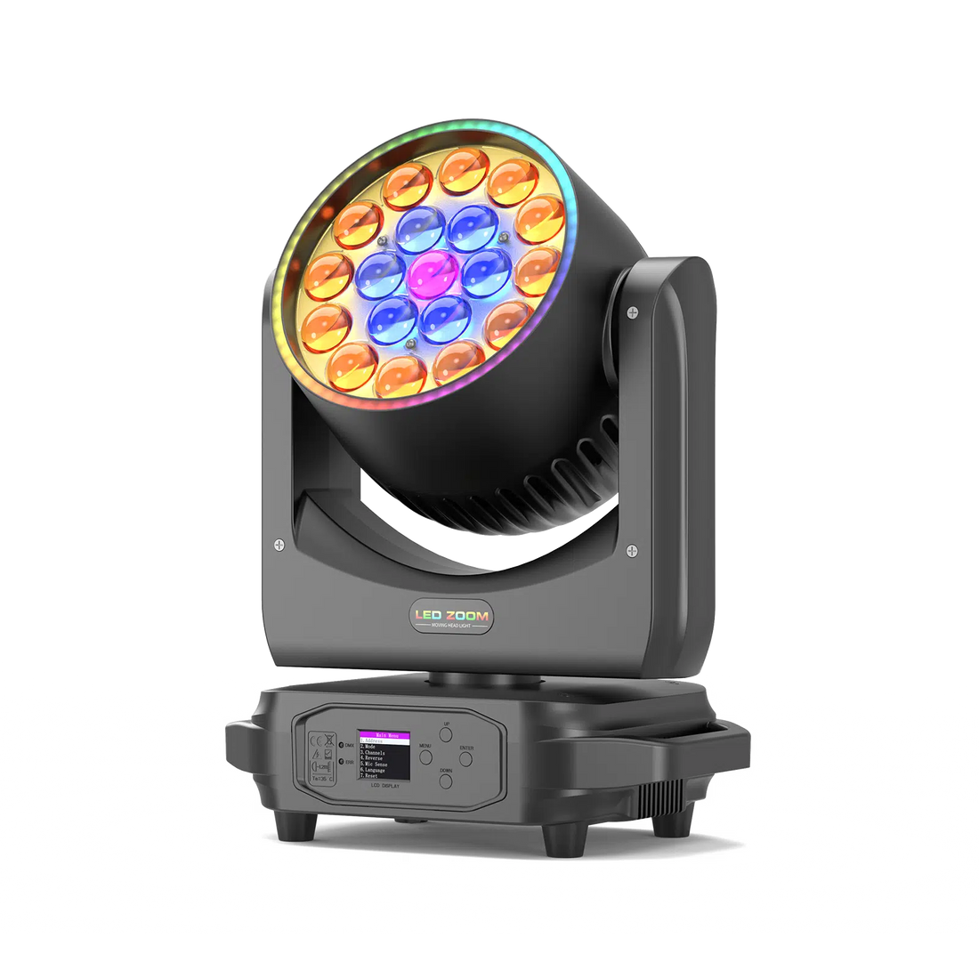 Sleek black UKING ZQ02102 Moving Head Light with vibrant RGBW LED array, robust design, and accessible LCD display.