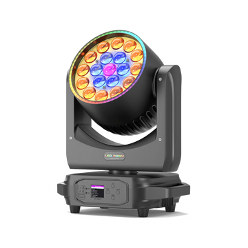 Sleek black UKING ZQ02102 Moving Head Light with vibrant RGBW LED array, robust design, and accessible LCD display.