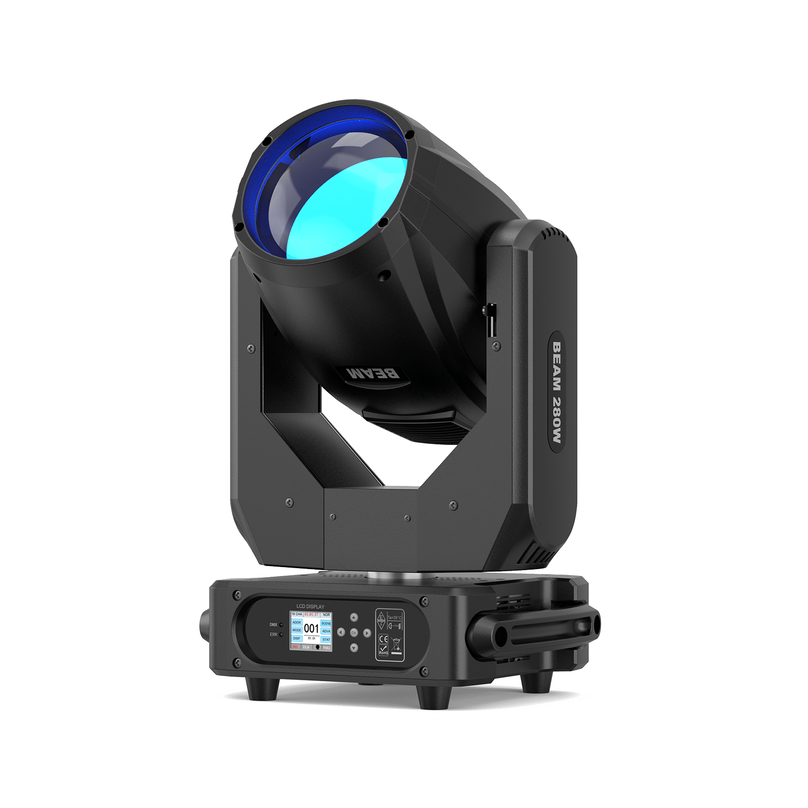 UKING ZQ02229 moving head beam light, black with blue lens. Professional stage and event lighting fixture.