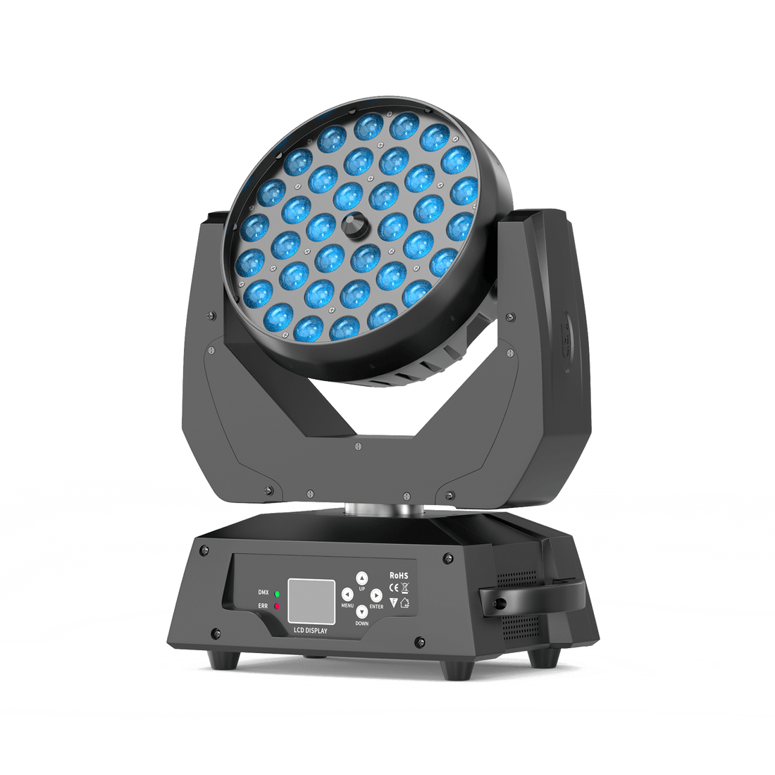 UKING ZQ02254 Moving Head Light, black, 36 blue LEDs, DMX control. Professional stage and event lighting.