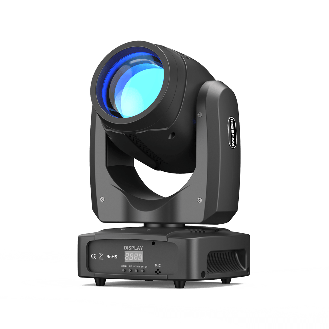 UKING ZQ02255 BEAM PRO professional black moving head stage light with an illuminated blue lens and digital display.