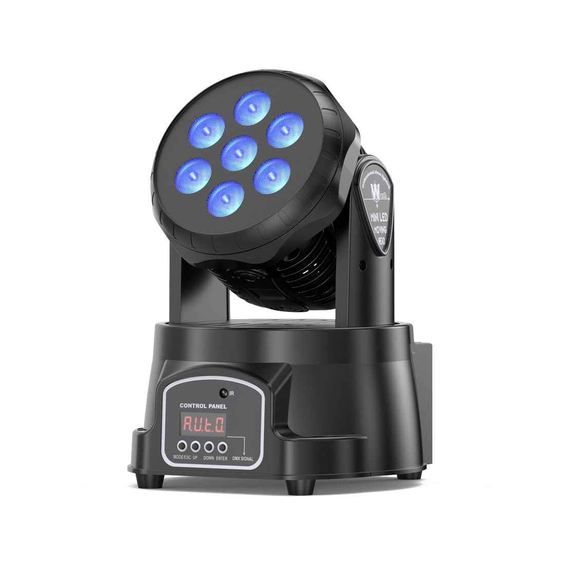 UKING ZQ02354 moving head stage light featuring 7 vibrant RGBW LEDs and a DMX control panel in a sleek black design.